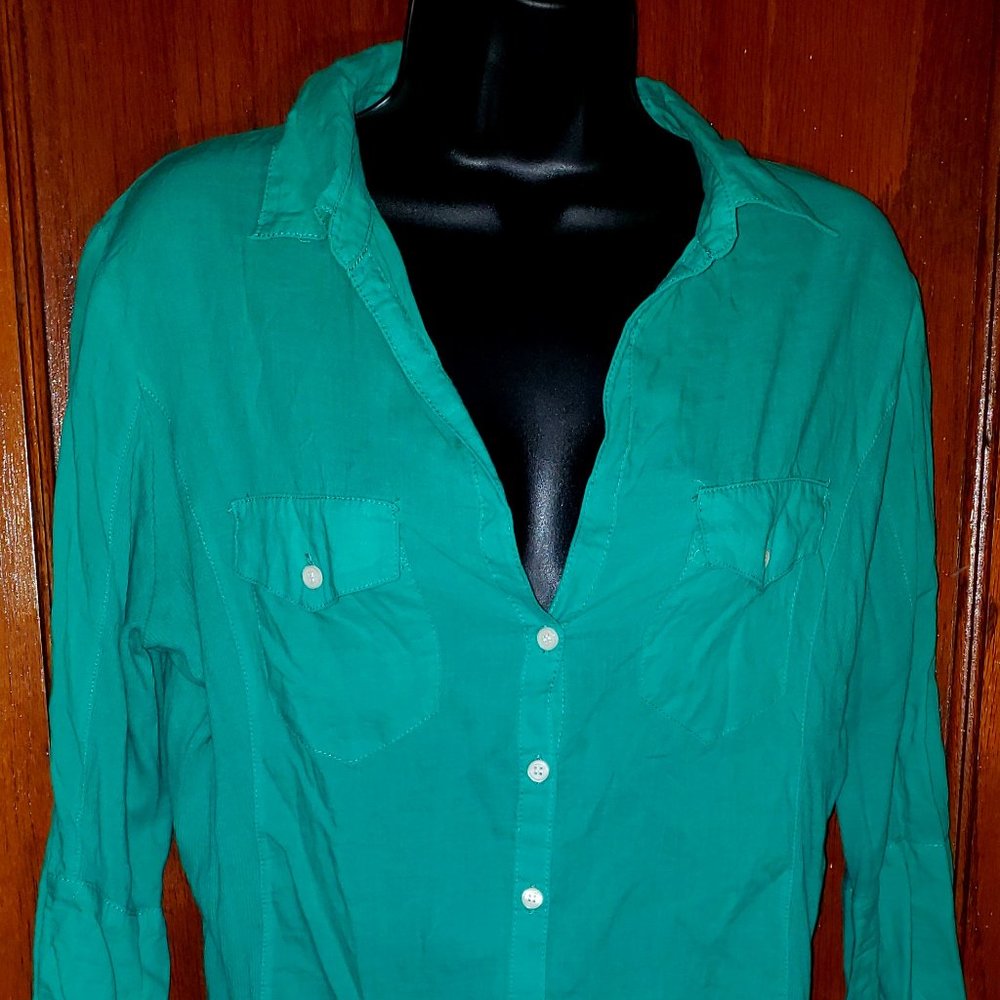 Max Studio 3/4 Sleeve Button-Down Shirt Green 100% Cotton Sz L Large